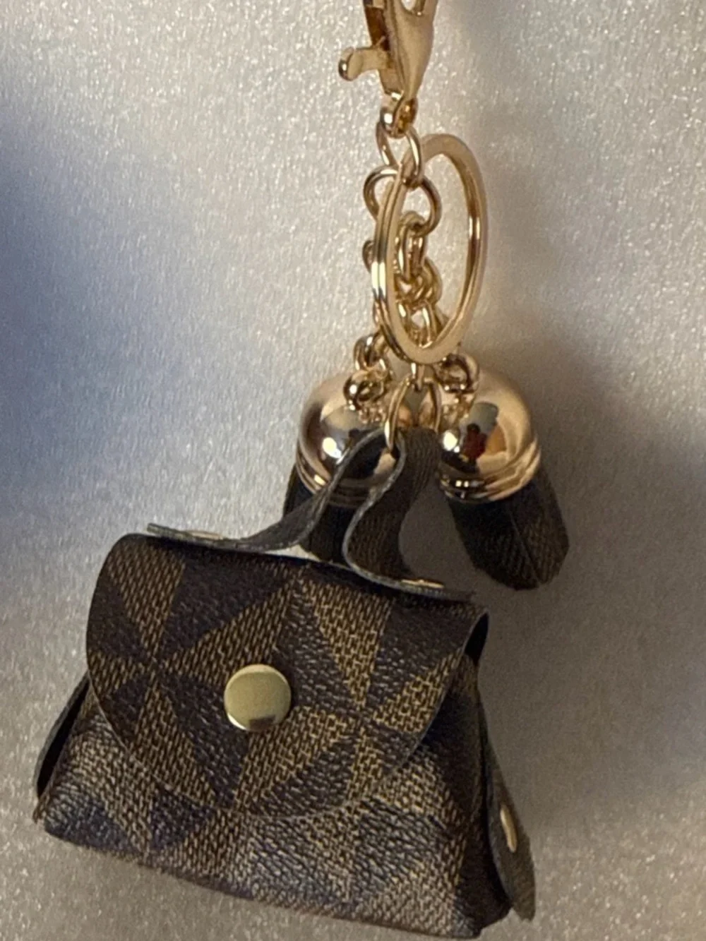 Mini Brown Checkered Purse Keychain with Gold Hardware